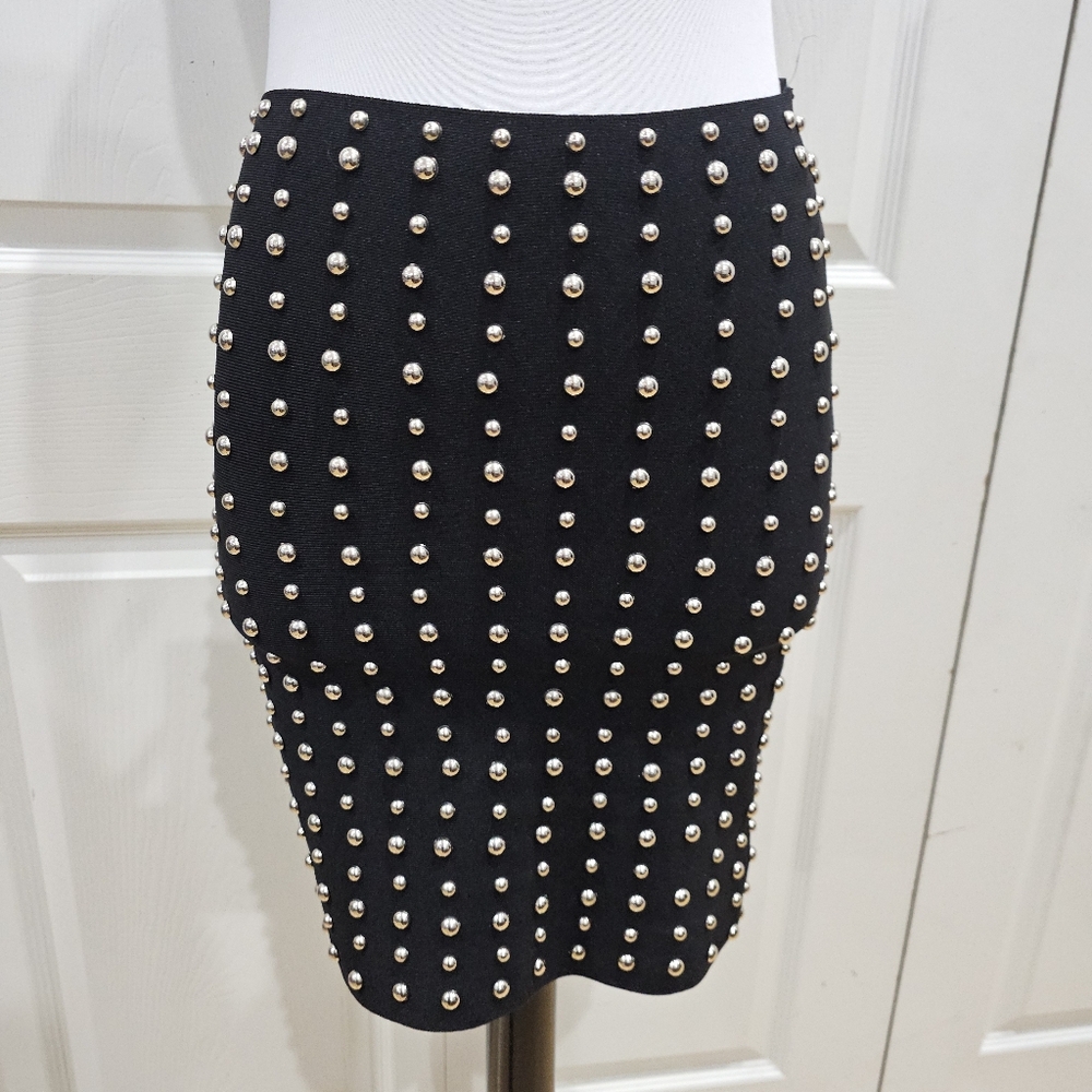Punk Goth Sexy Forever 21 Silver Studded Black Stretchy Bodycon Pencil Skirt M - Picture 9 of 9